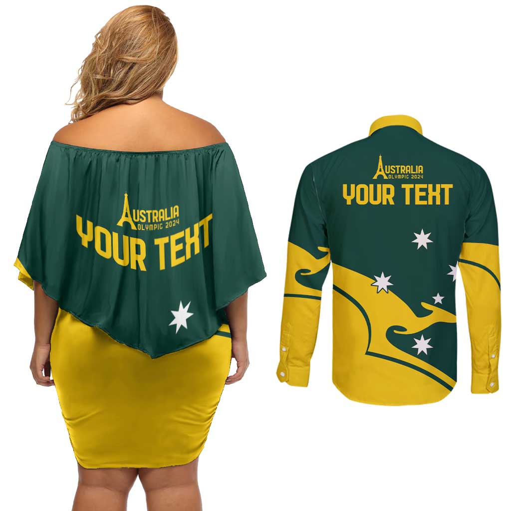 Personalised Australia Go Paris 2024 Couples Matching Off Shoulder Short Dress and Long Sleeve Button Shirt National Color Ver2