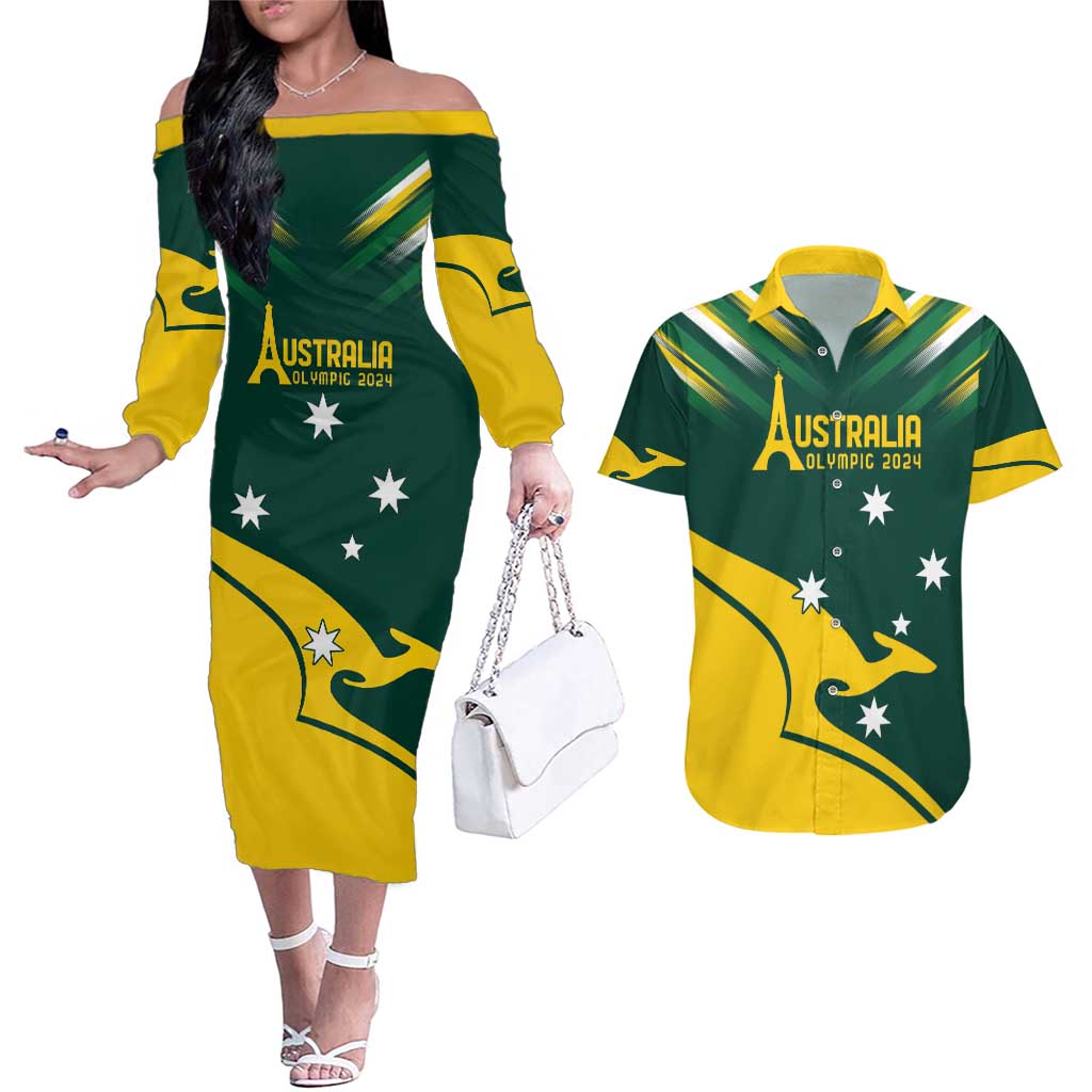 Personalised Australia Go Paris 2024 Couples Matching Off The Shoulder Long Sleeve Dress and Hawaiian Shirt National Color Ver2