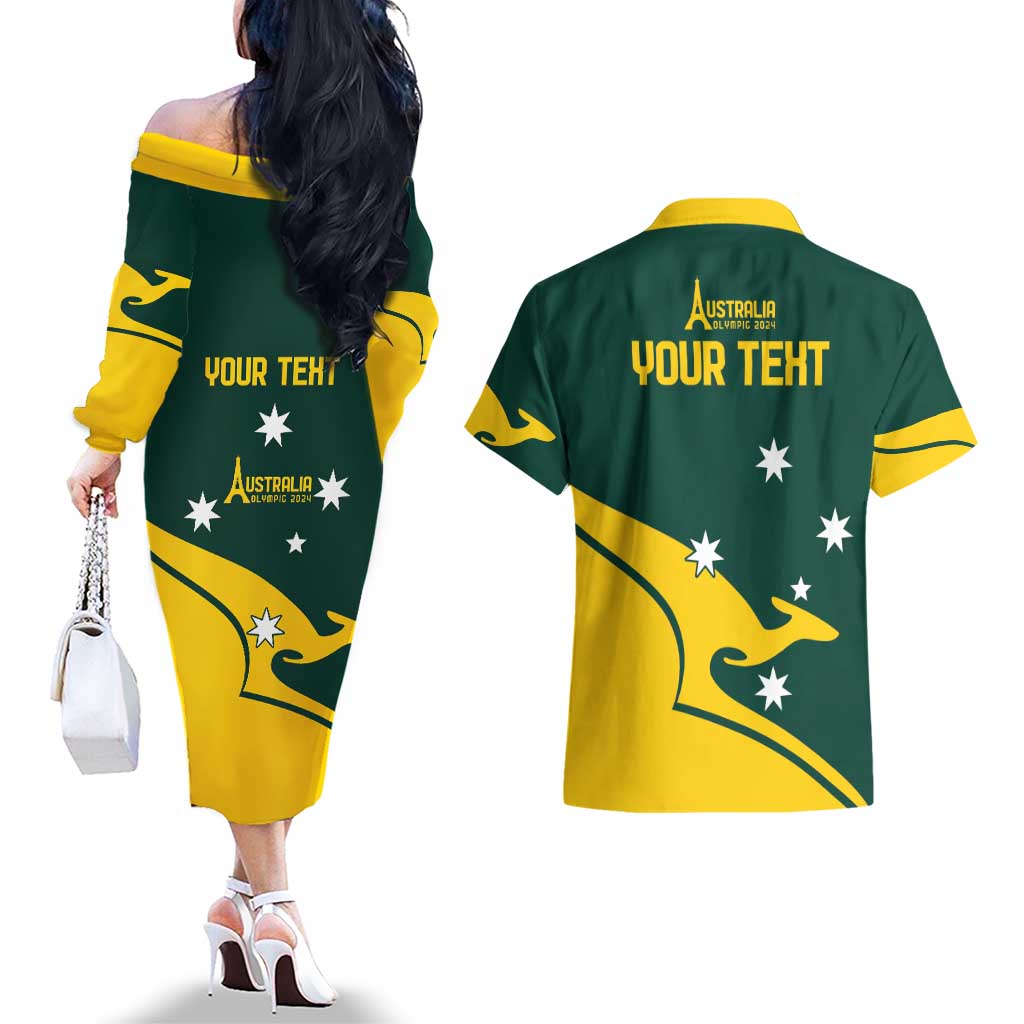 Personalised Australia Go Paris 2024 Couples Matching Off The Shoulder Long Sleeve Dress and Hawaiian Shirt National Color Ver2