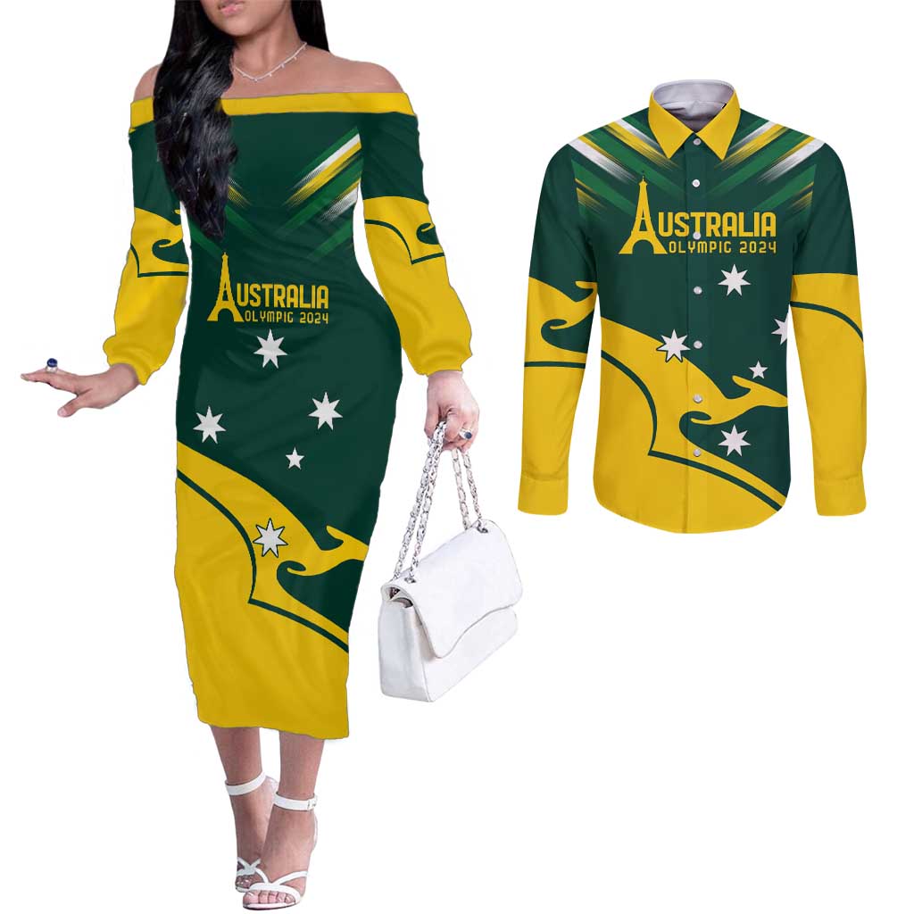 Personalised Australia Go Paris 2024 Couples Matching Off The Shoulder Long Sleeve Dress and Long Sleeve Button Shirt National Color Ver2