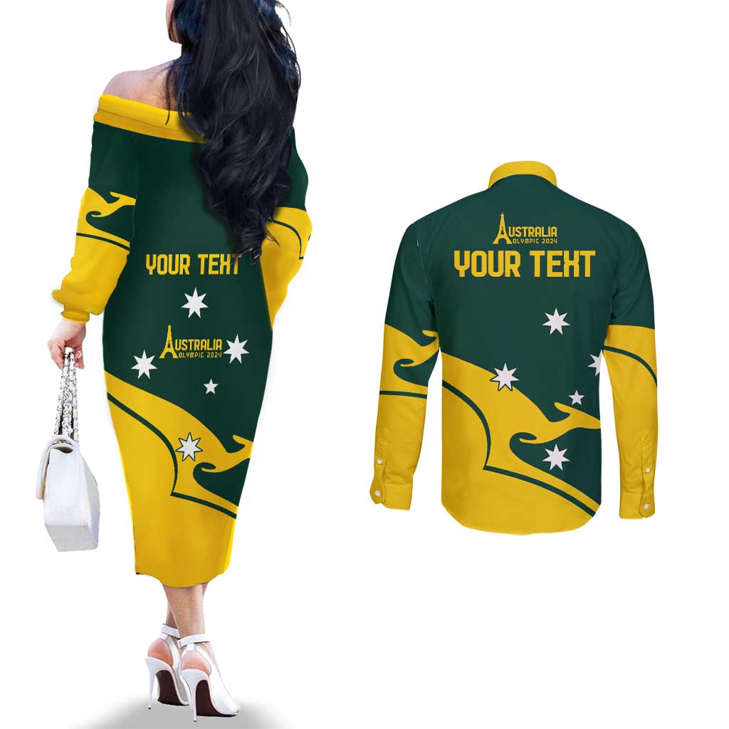 Personalised Australia Go Paris 2024 Couples Matching Off The Shoulder Long Sleeve Dress and Long Sleeve Button Shirt National Color Ver2