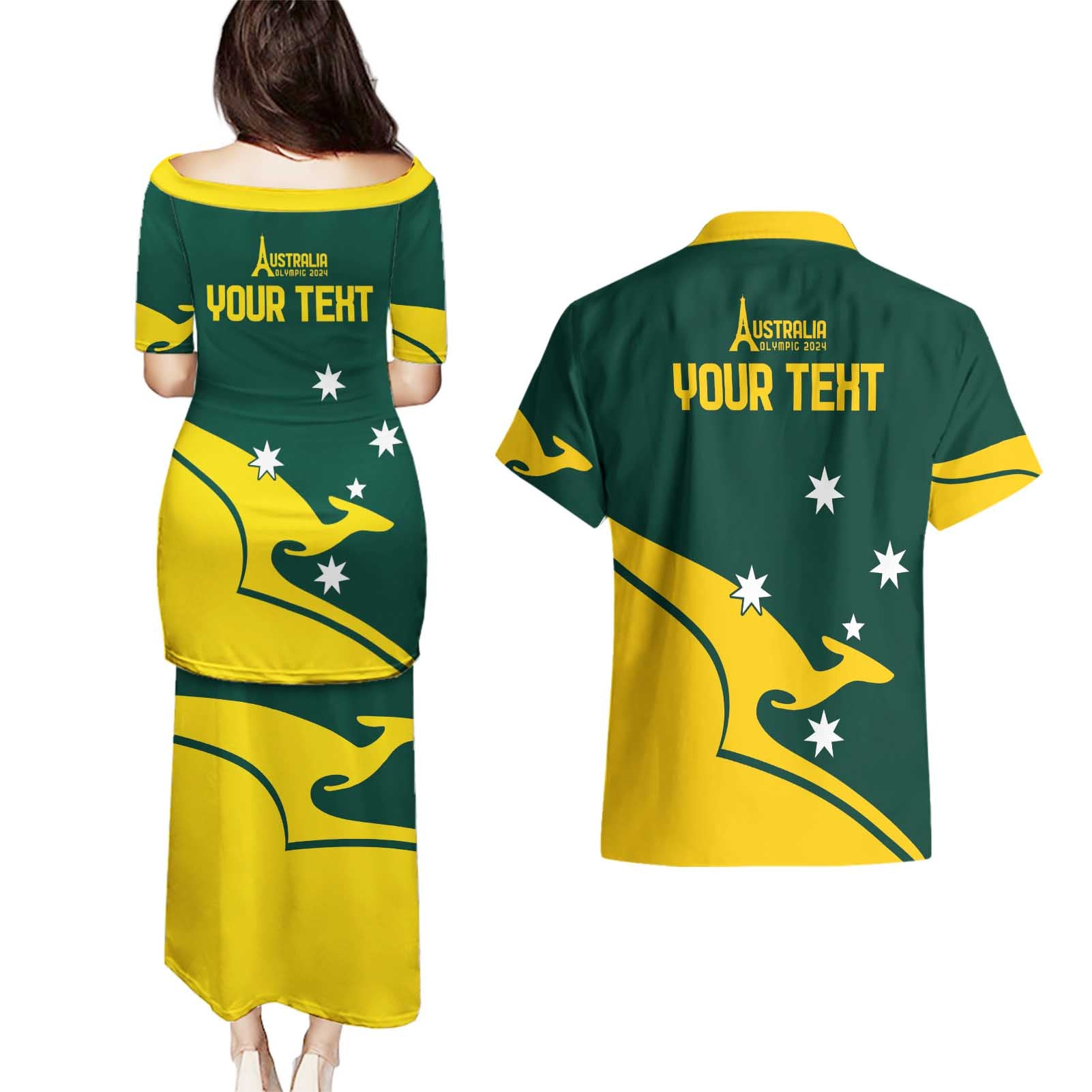 Personalised Australia Go Paris 2024 Couples Matching Puletasi and Hawaiian Shirt National Color Ver2