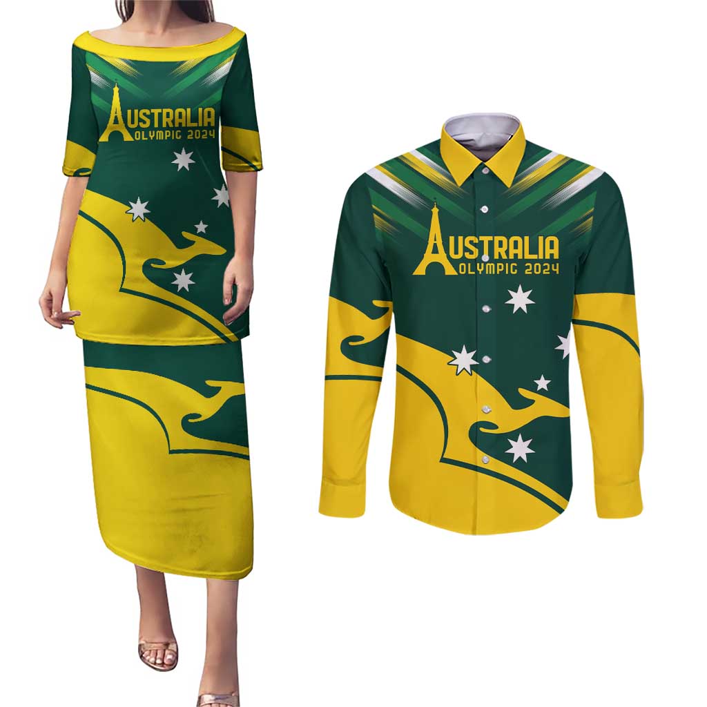 Personalised Australia Go Paris 2024 Couples Matching Puletasi and Long Sleeve Button Shirt National Color Ver2