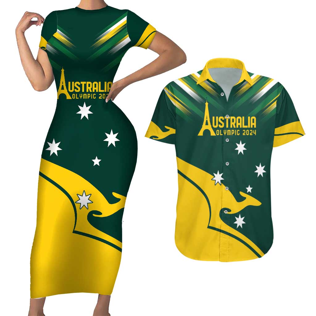 Personalised Australia Go Paris 2024 Couples Matching Short Sleeve Bodycon Dress and Hawaiian Shirt National Color Ver2