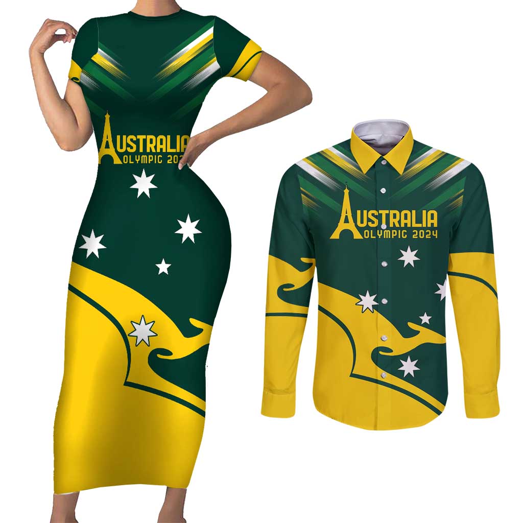 Personalised Australia Go Paris 2024 Couples Matching Short Sleeve Bodycon Dress and Long Sleeve Button Shirt National Color Ver2