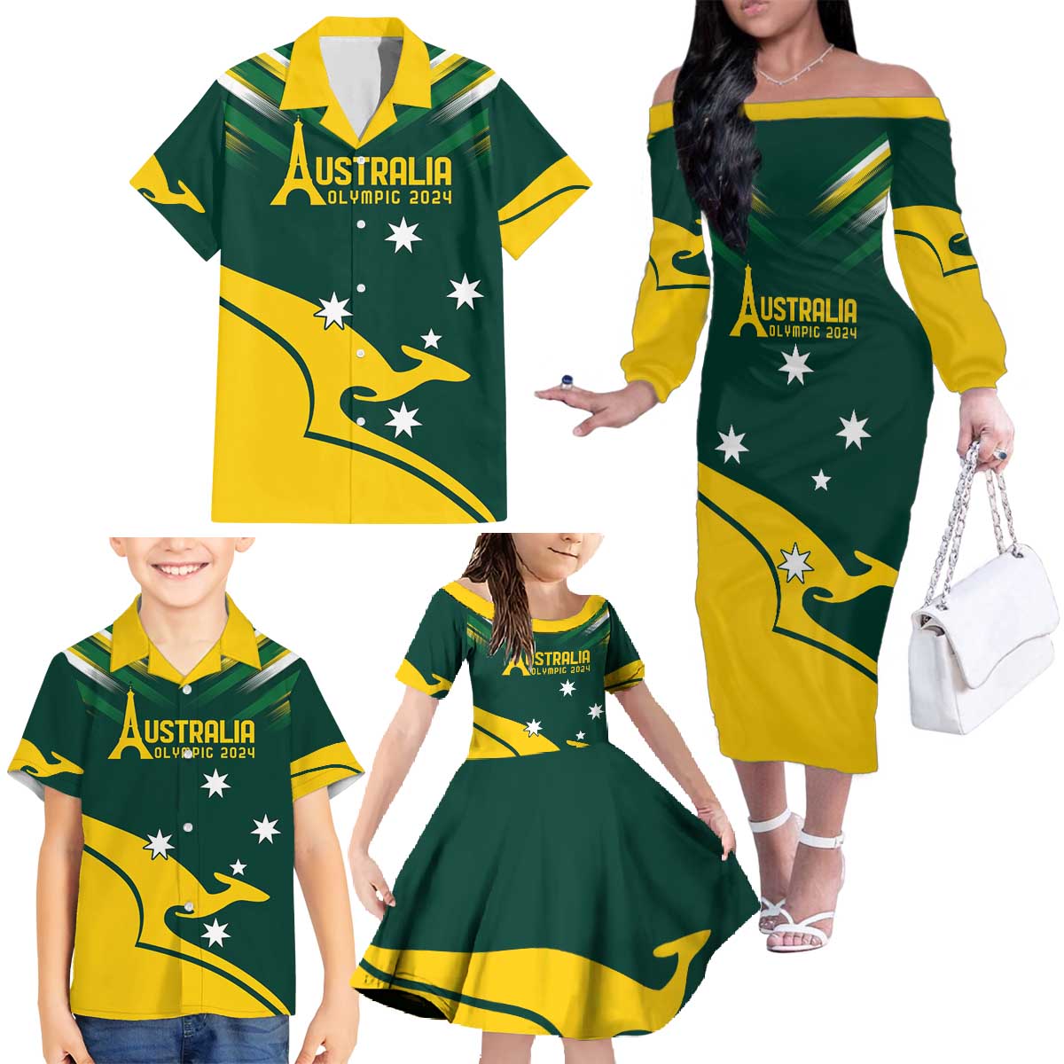 Personalised Australia Go Paris 2024 Family Matching Off The Shoulder Long Sleeve Dress and Hawaiian Shirt National Color Ver2