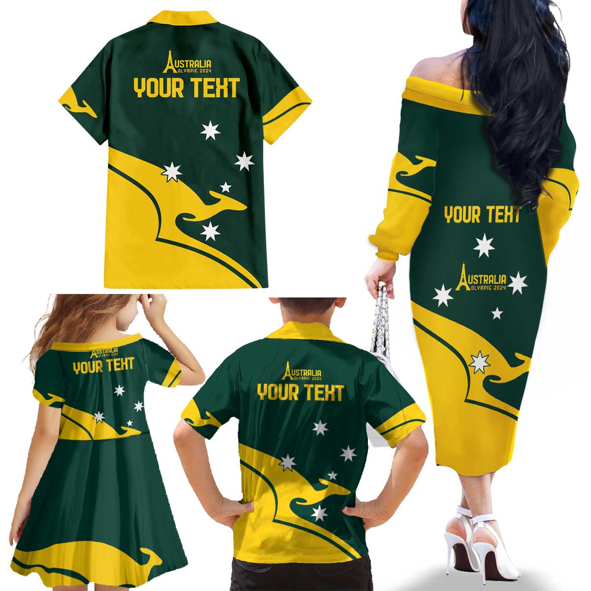 Personalised Australia Go Paris 2024 Family Matching Off The Shoulder Long Sleeve Dress and Hawaiian Shirt National Color Ver2