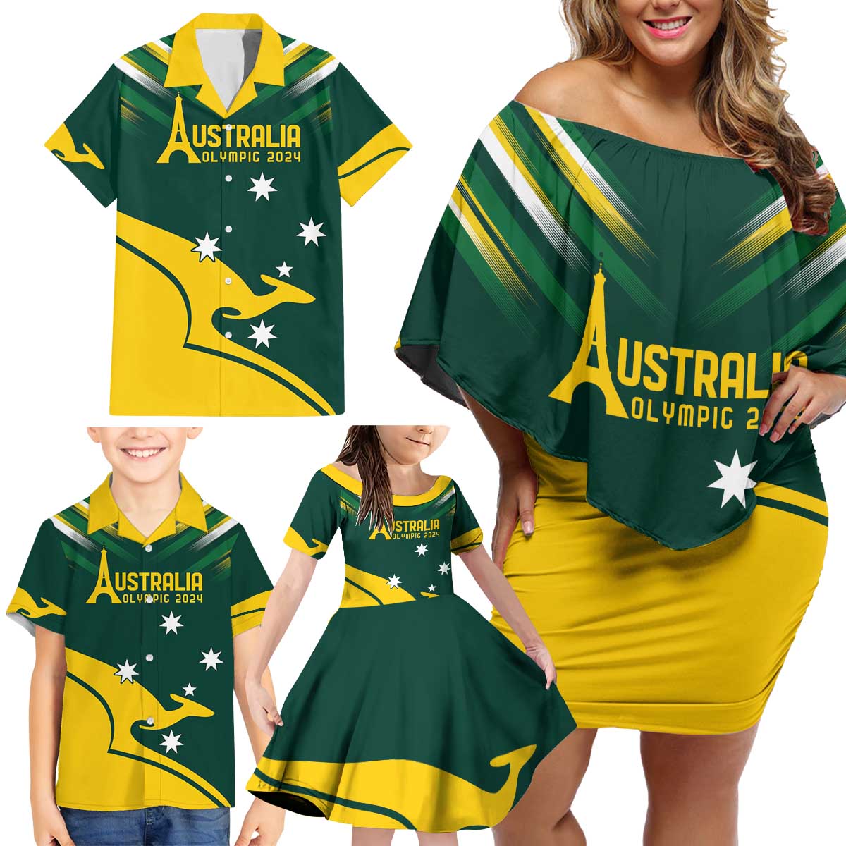 Personalised Australia Go Paris 2024 Family Matching Off Shoulder Short Dress and Hawaiian Shirt National Color Ver2