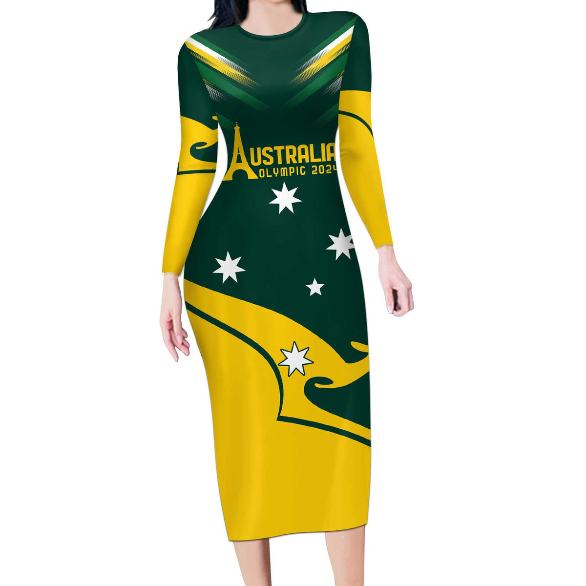Personalised Australia Go Paris 2024 Long Sleeve Bodycon Dress National Color Ver2