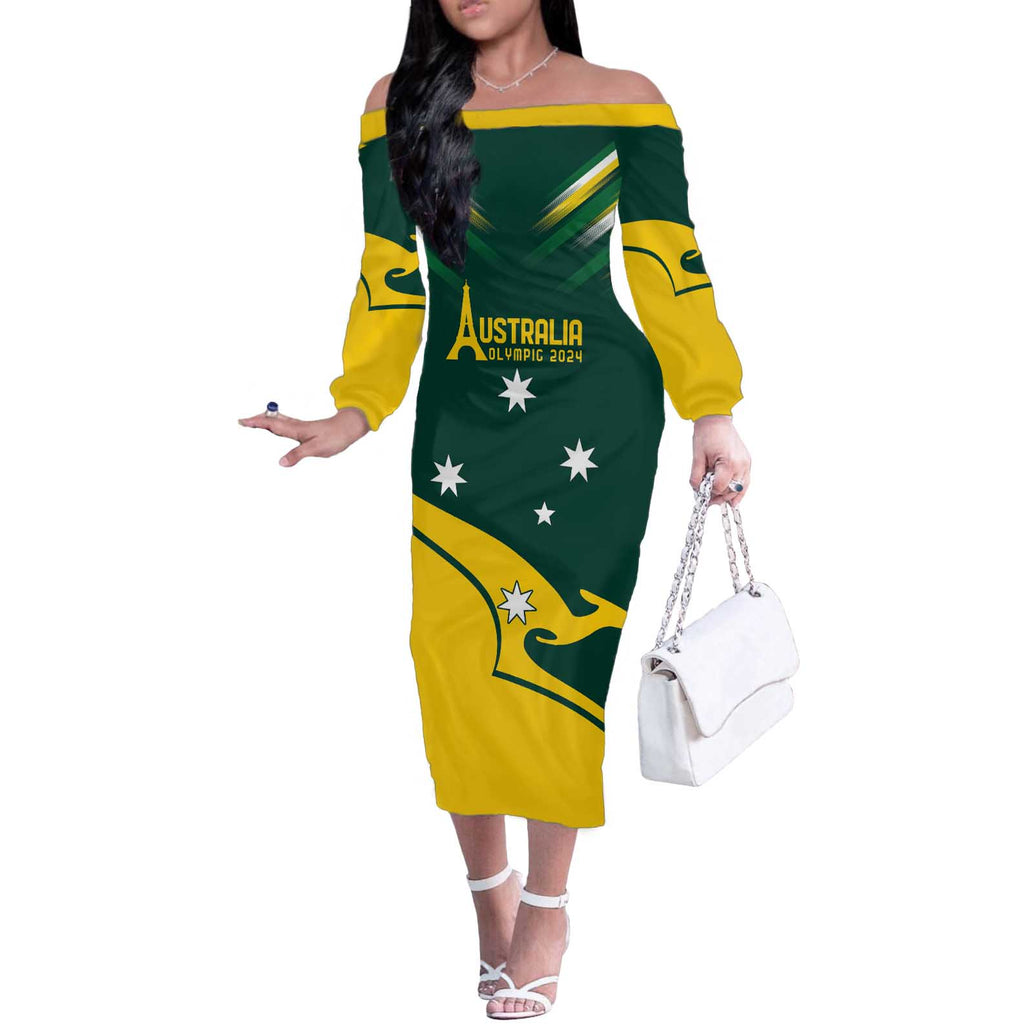 Personalised Australia Go Paris 2024 Off The Shoulder Long Sleeve Dress National Color Ver2