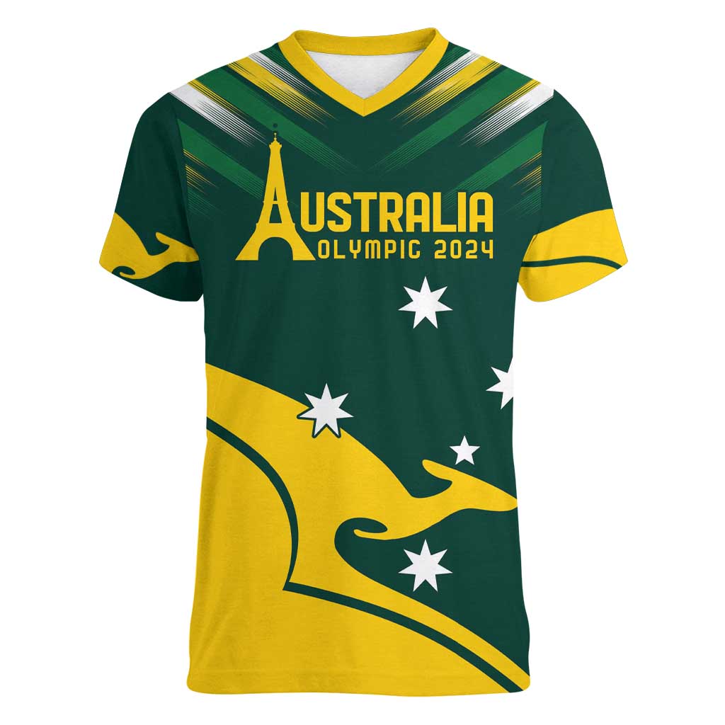 Personalised Australia Go Paris 2024 Women V-Neck T-Shirt National Color Ver2