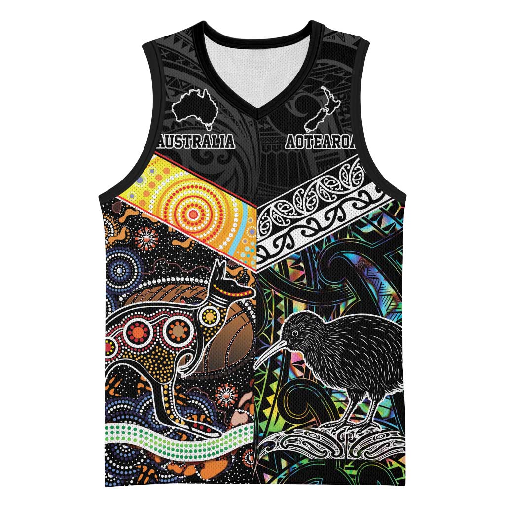 Australia New Zealand Personalised Basketball Jersey Maori Aboriginal Art Style - Aussie Hoodie