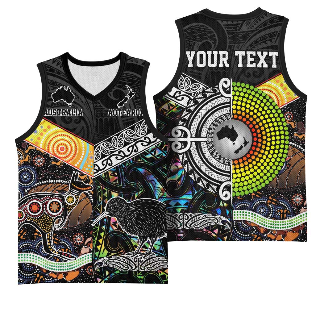 Australia New Zealand Personalised Basketball Jersey Maori Aboriginal Art Style - Aussie Hoodie