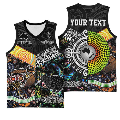 Australia New Zealand Personalised Basketball Jersey Maori Aboriginal Art Style - Aussie Hoodie