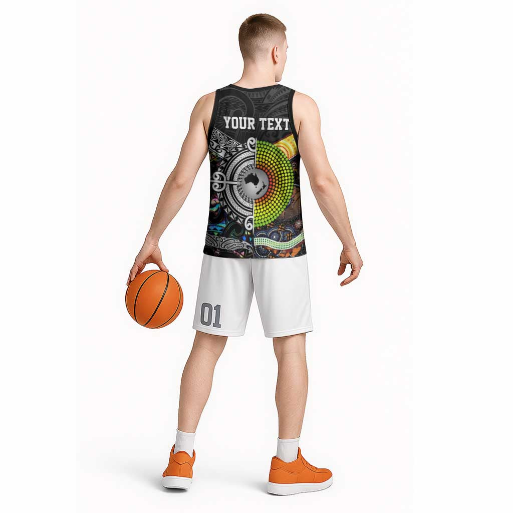 Australia New Zealand Personalised Basketball Jersey Maori Aboriginal Art Style - Aussie Hoodie