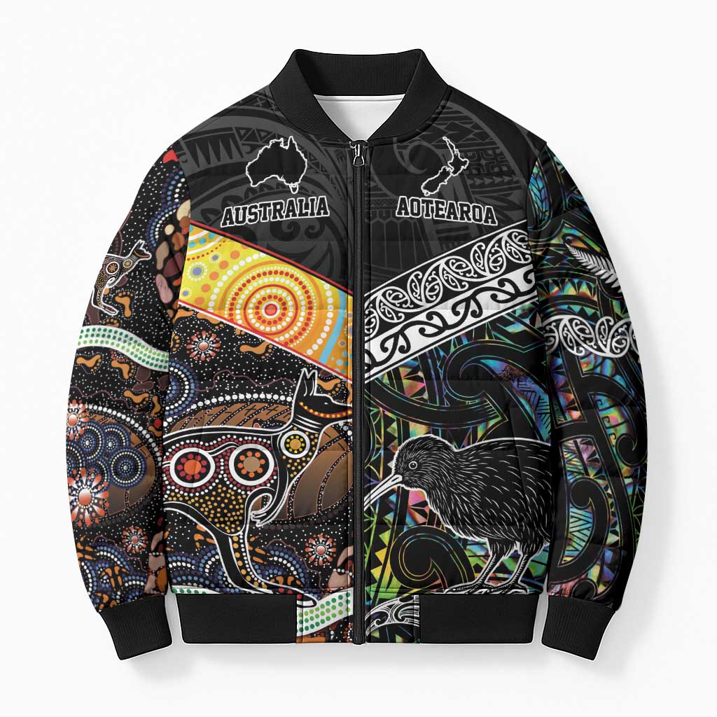 Australia New Zealand Personalised Bomber Puffer Jacket Maori Aboriginal Art Style - Aussie Hoodie