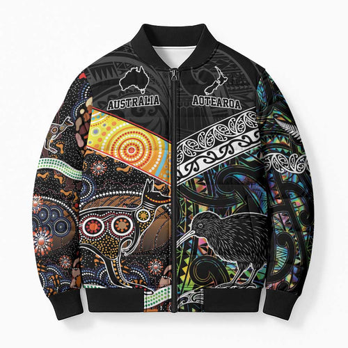 Australia New Zealand Personalised Bomber Puffer Jacket Maori Aboriginal Art Style - Aussie Hoodie