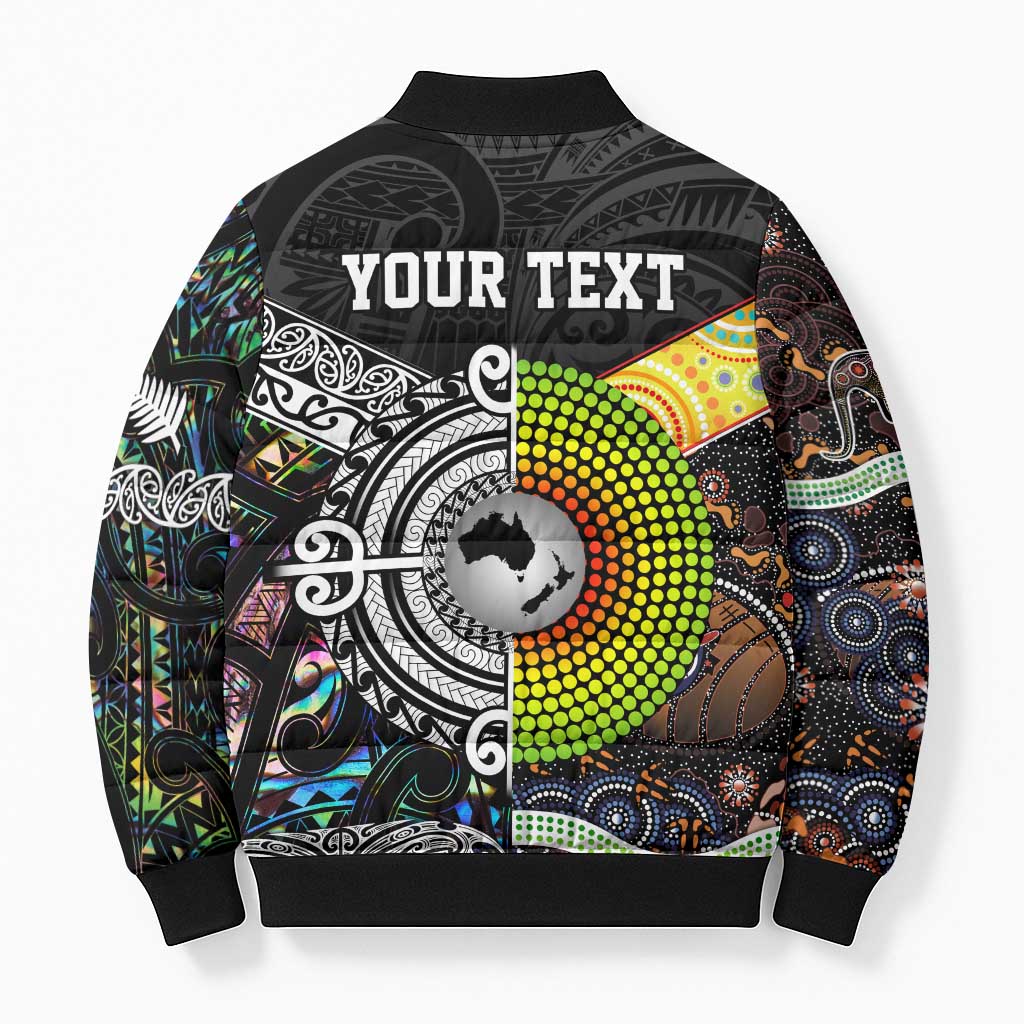 Australia New Zealand Personalised Bomber Puffer Jacket Maori Aboriginal Art Style - Aussie Hoodie