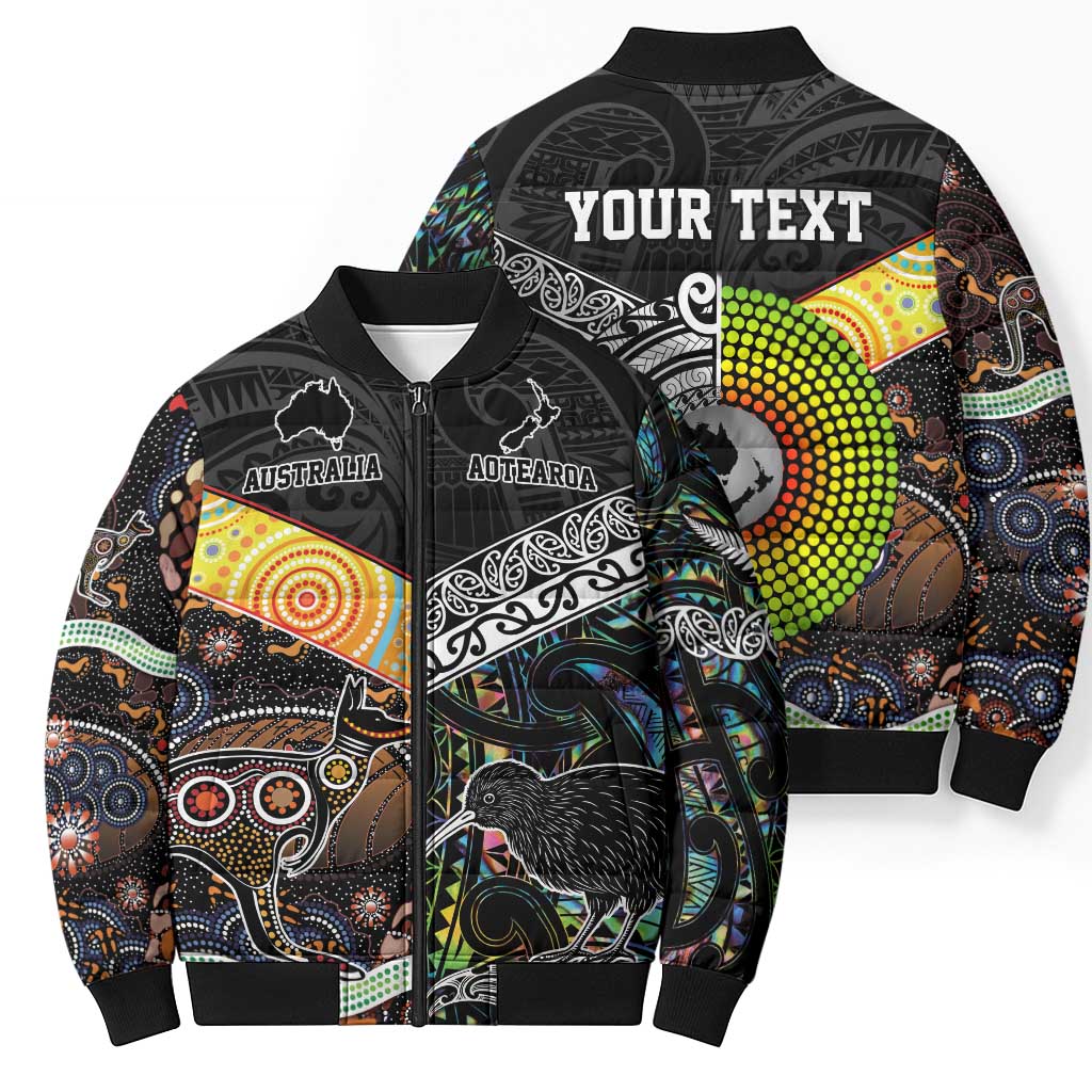 Australia New Zealand Personalised Bomber Puffer Jacket Maori Aboriginal Art Style - Aussie Hoodie