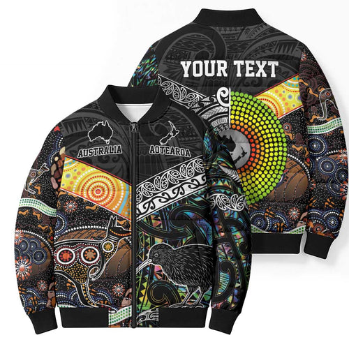 Australia New Zealand Personalised Bomber Puffer Jacket Maori Aboriginal Art Style - Aussie Hoodie