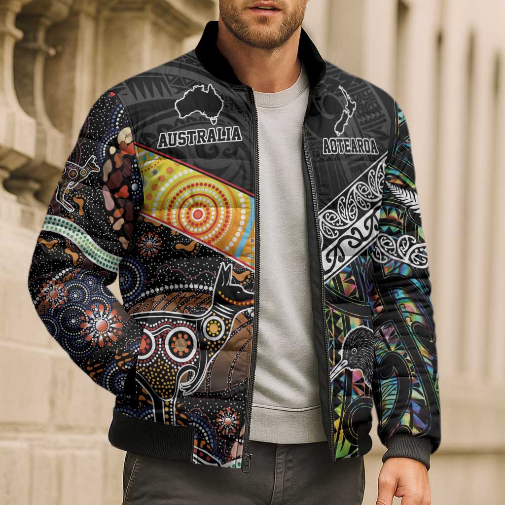 Australia New Zealand Personalised Bomber Puffer Jacket Maori Aboriginal Art Style - Aussie Hoodie