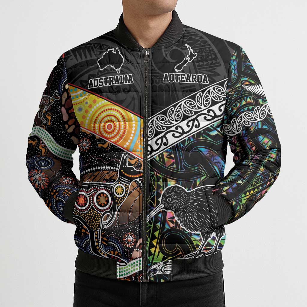 Australia New Zealand Personalised Bomber Puffer Jacket Maori Aboriginal Art Style - Aussie Hoodie