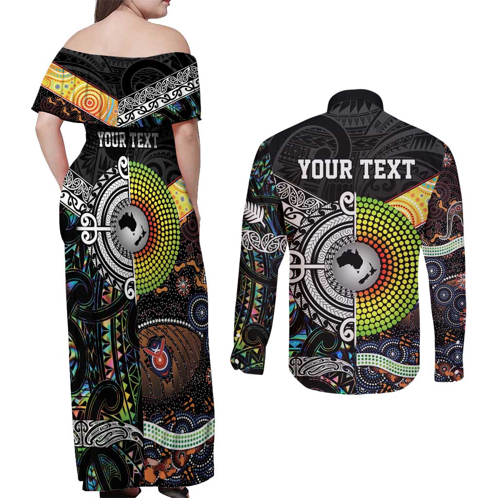 New Zealand and Australia Couples Matching Off Shoulder Maxi Dress and Long Sleeve Button Shirt Maori Mix Aboriginal Art Style