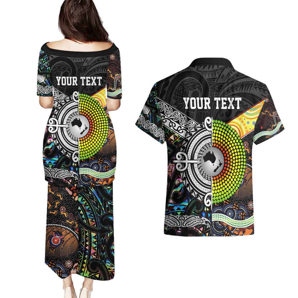 Personalised New Zealand and Australia Couples Matching Puletasi and Hawaiian Shirt Maori Mix Aboriginal Art Style LT9