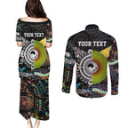 New Zealand and Australia Couples Matching Puletasi and Long Sleeve Button Shirt Maori Mix Aboriginal Art Style