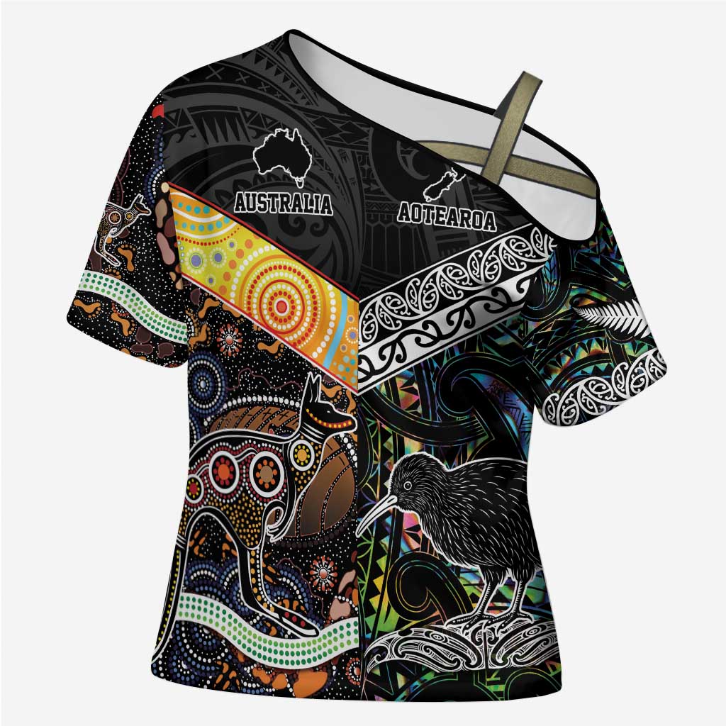 Australia New Zealand Personalised Cross Shoulder Shirt Maori Aboriginal Art Style - Aussie Hoodie