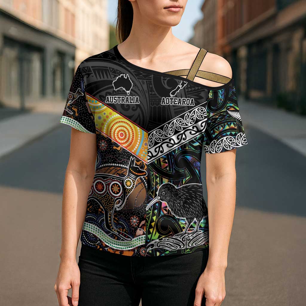 Australia New Zealand Personalised Cross Shoulder Shirt Maori Aboriginal Art Style - Aussie Hoodie