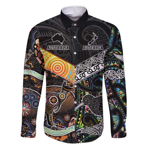 New Zealand and Australia Family Matching Off Shoulder Maxi Dress and Hawaiian Shirt Maori Mix Aboriginal Art Style