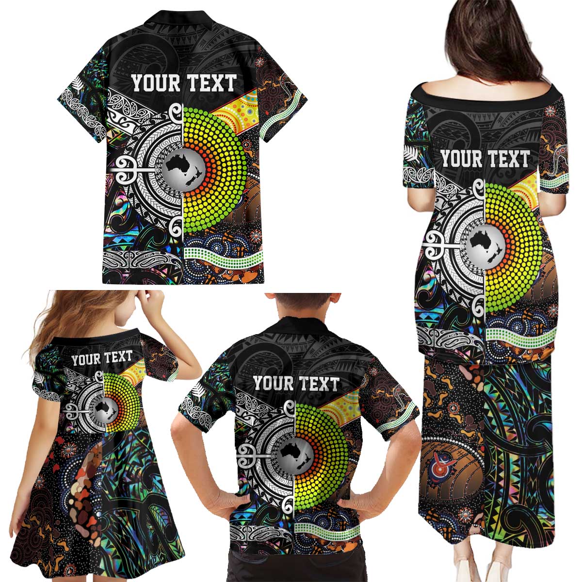 New Zealand and Australia Family Matching Puletasi and Hawaiian Shirt Maori Mix Aboriginal Art Style