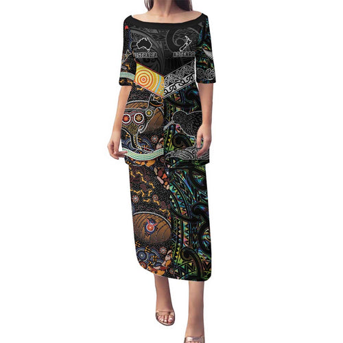 New Zealand and Australia Family Matching Puletasi and Hawaiian Shirt Maori Mix Aboriginal Art Style