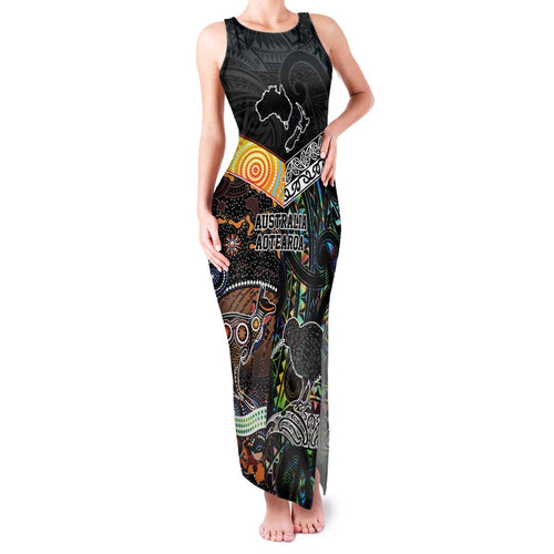 New Zealand and Australia Family Matching Tank Maxi Dress and Hawaiian Shirt Maori Mix Aboriginal Art Style