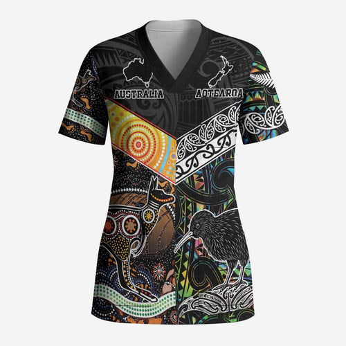 Australia New Zealand Personalised Scrub Top Maori Aboriginal Art Style - Aussie Hoodie