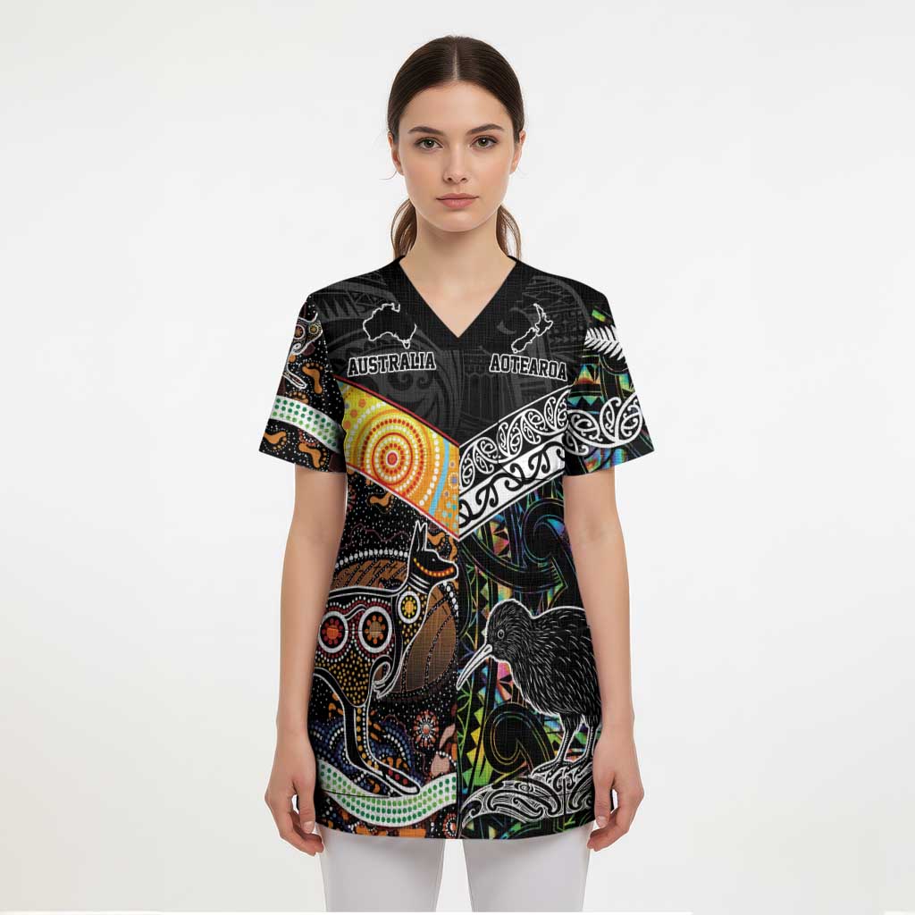 Australia New Zealand Personalised Scrub Top Maori Aboriginal Art Style - Aussie Hoodie