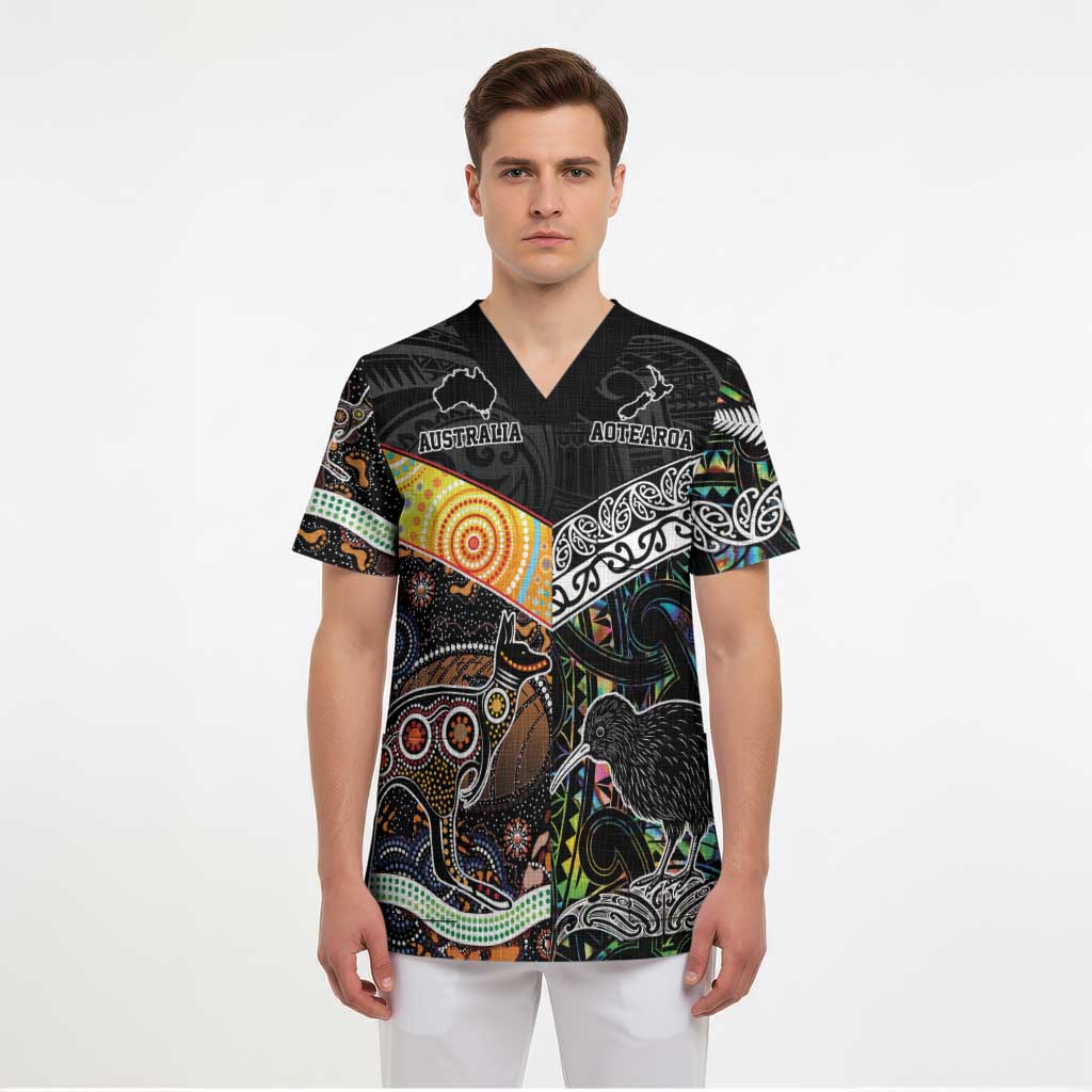 Australia New Zealand Personalised Scrub Top Maori Aboriginal Art Style - Aussie Hoodie