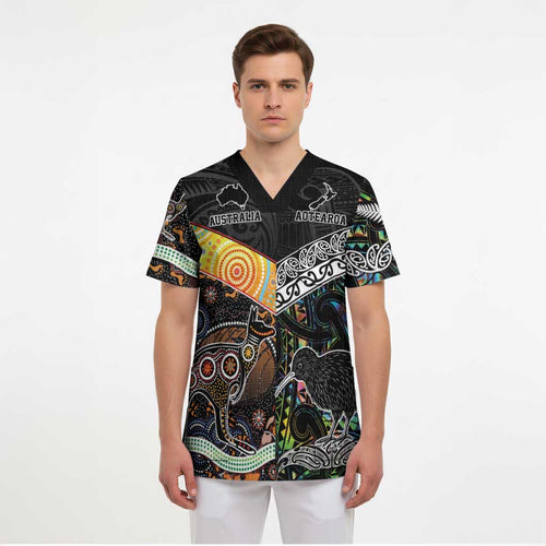 Australia New Zealand Personalised Scrub Top Maori Aboriginal Art Style - Aussie Hoodie