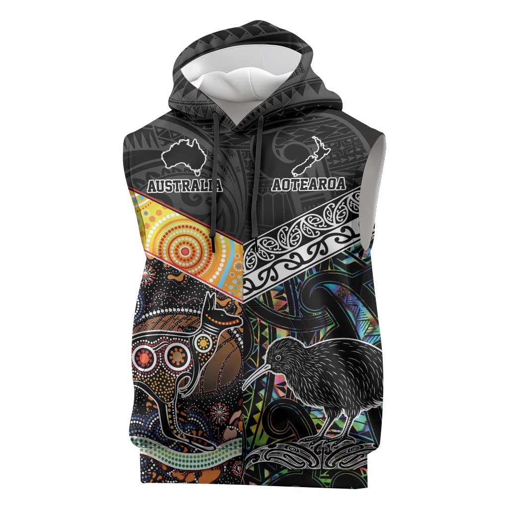 Australia New Zealand Personalised Sleeveless Hoodie Maori Aboriginal Art Style - Aussie Hoodie