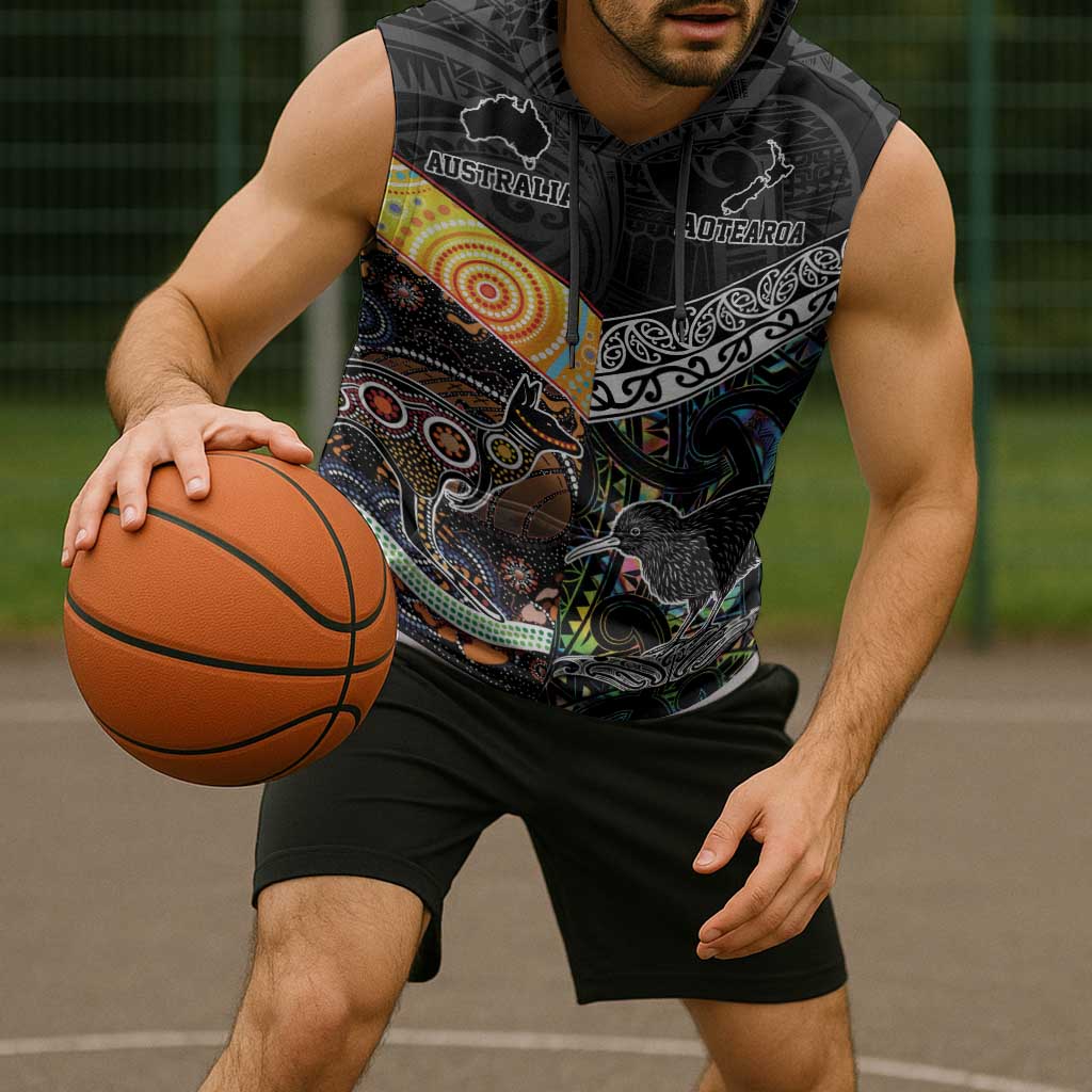 Australia New Zealand Personalised Sleeveless Hoodie Maori Aboriginal Art Style - Aussie Hoodie