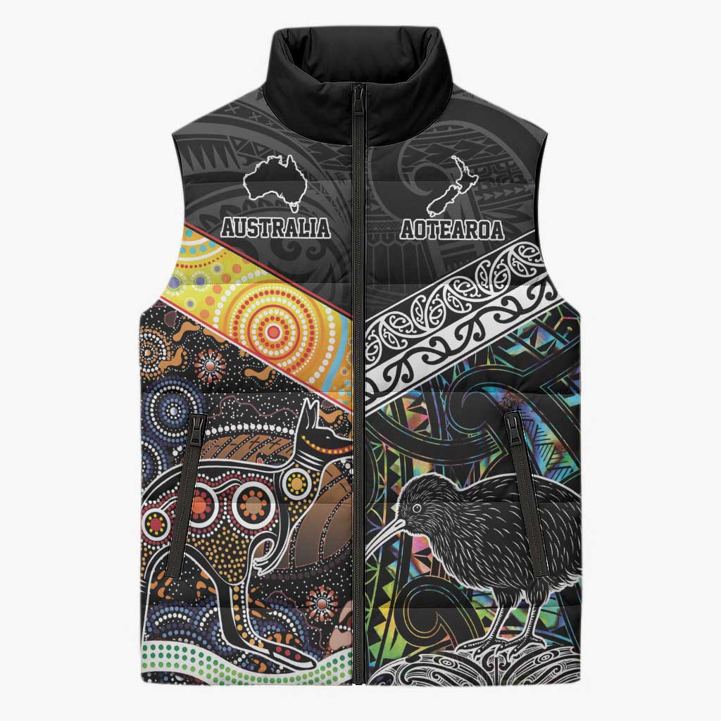 Australia New Zealand Personalised Sleeveless Puffer Jacket Maori Aboriginal Art Style - Aussie Hoodie