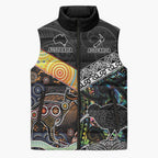 Australia New Zealand Personalised Sleeveless Puffer Jacket Maori Aboriginal Art Style - Aussie Hoodie
