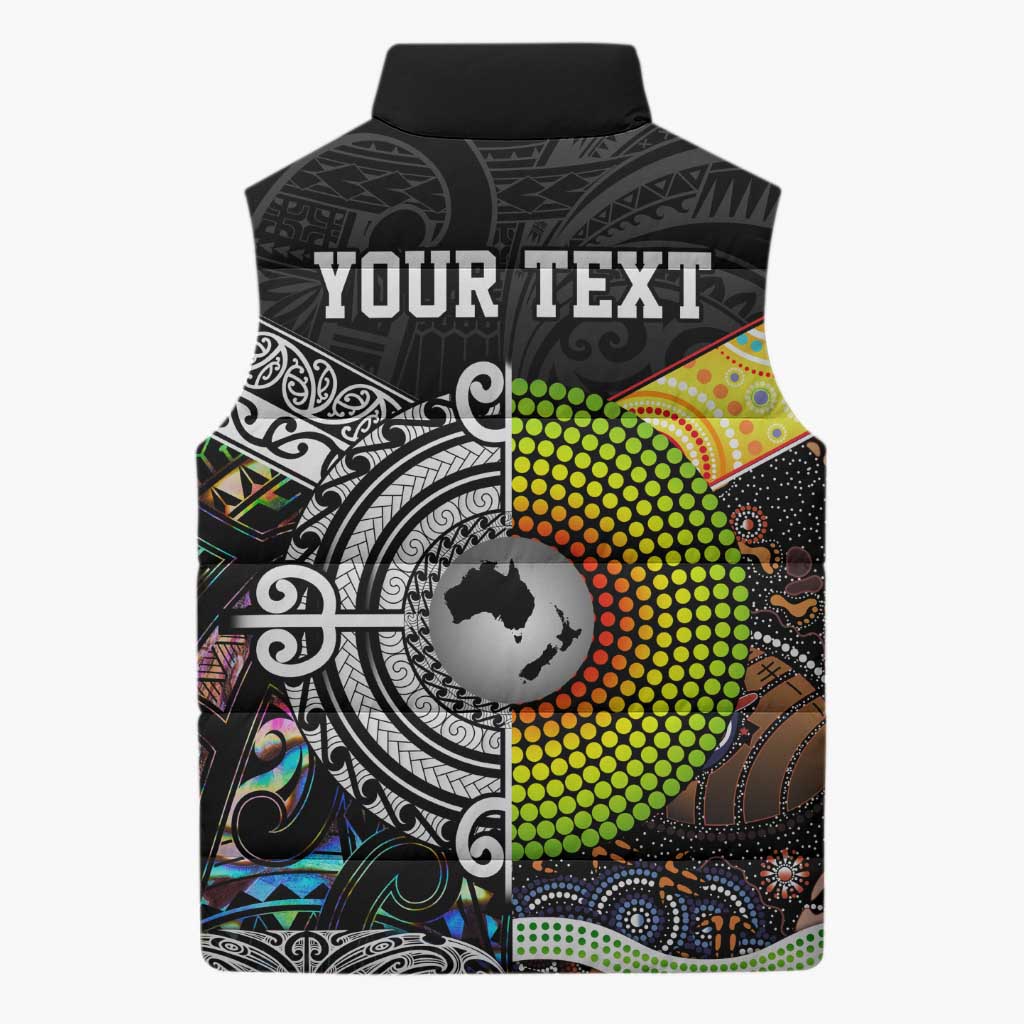 Australia New Zealand Personalised Sleeveless Puffer Jacket Maori Aboriginal Art Style - Aussie Hoodie