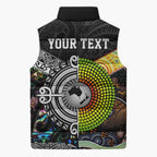 Australia New Zealand Personalised Sleeveless Puffer Jacket Maori Aboriginal Art Style - Aussie Hoodie