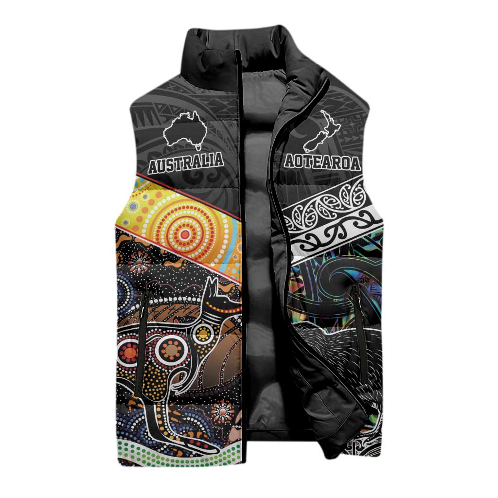 Australia New Zealand Personalised Sleeveless Puffer Jacket Maori Aboriginal Art Style - Aussie Hoodie