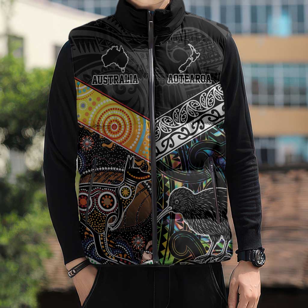 Australia New Zealand Personalised Sleeveless Puffer Jacket Maori Aboriginal Art Style - Aussie Hoodie