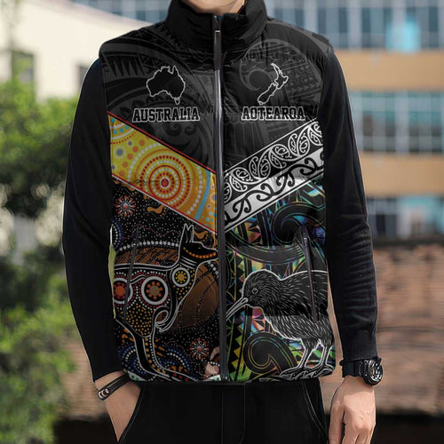 Australia New Zealand Personalised Sleeveless Puffer Jacket Maori Aboriginal Art Style - Aussie Hoodie