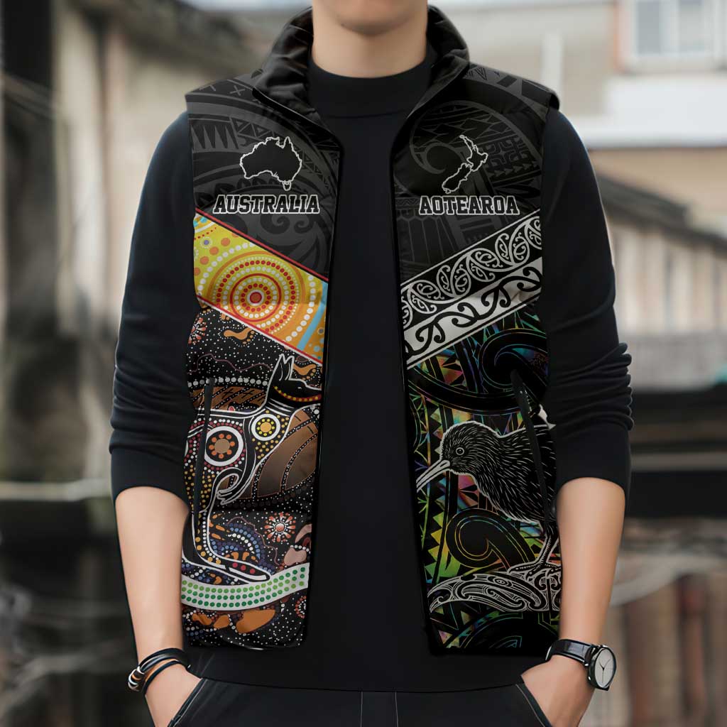 Australia New Zealand Personalised Sleeveless Puffer Jacket Maori Aboriginal Art Style - Aussie Hoodie