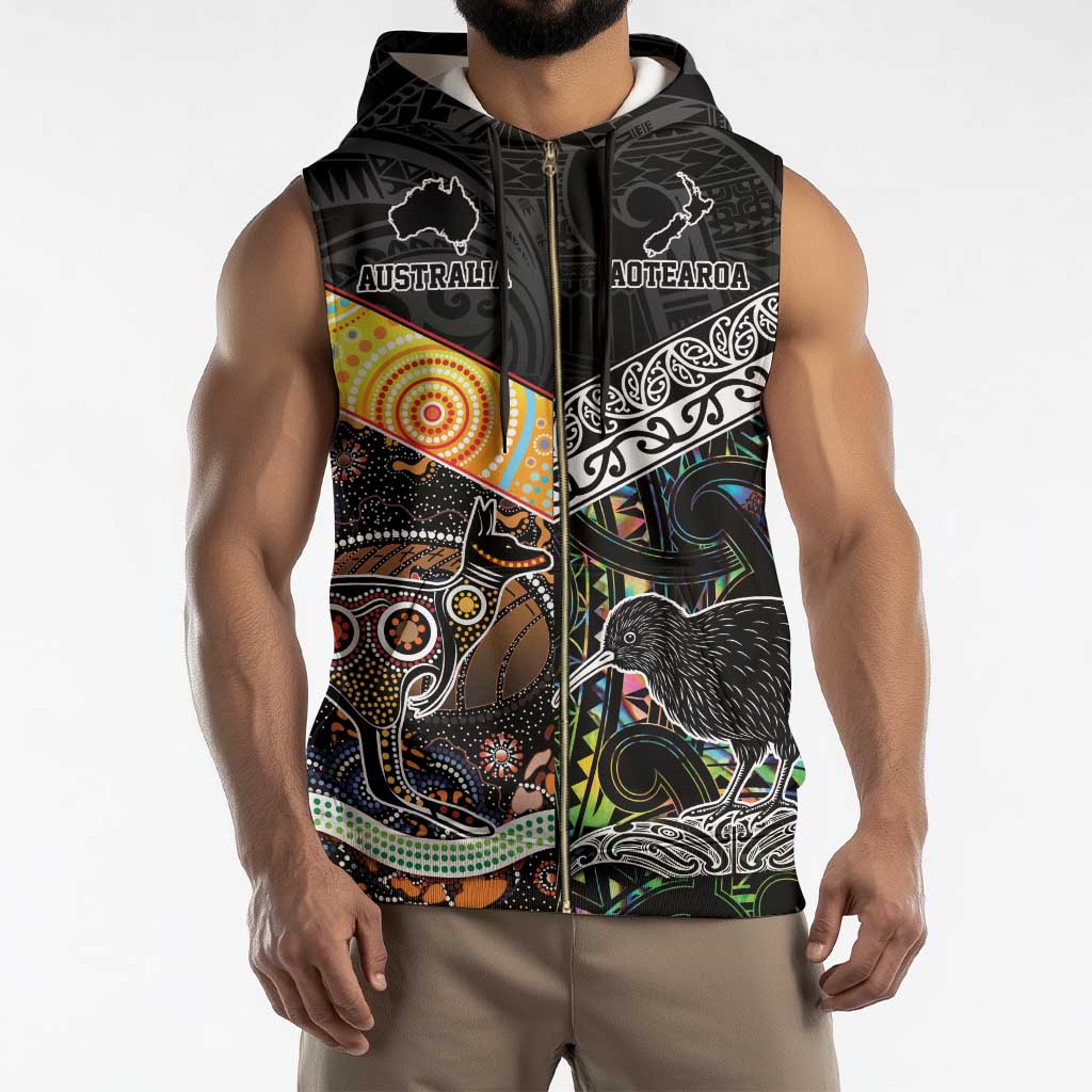 Australia New Zealand Personalised Sleeveless Zip Hoodie Maori Aboriginal Art Style - Aussie Hoodie